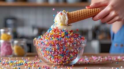 Colorful Sprinkle Explosion on Ice Cream Cone and Bowl