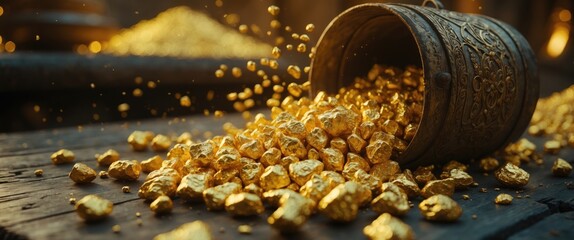 Profit, trade, and exchange. Gold nuggets pouring out of a metal container onto a wooden surface. Shallow depth of field.