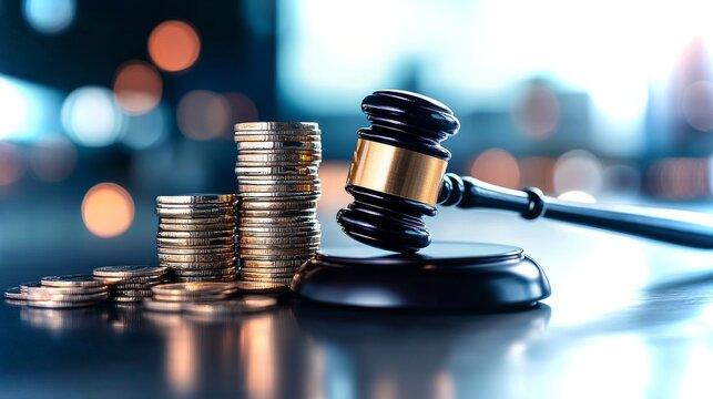 Gavel stands against stacks of coins highlighting the intersection of justice and financial verdicts