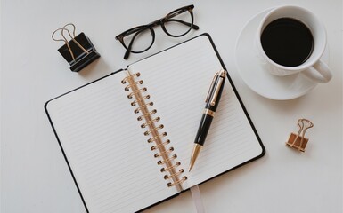 Minimalist Workspace with Notebook and Coffee, Productivity Notebook Setup for Writing, Elegant Desk with Notebook and Coffee