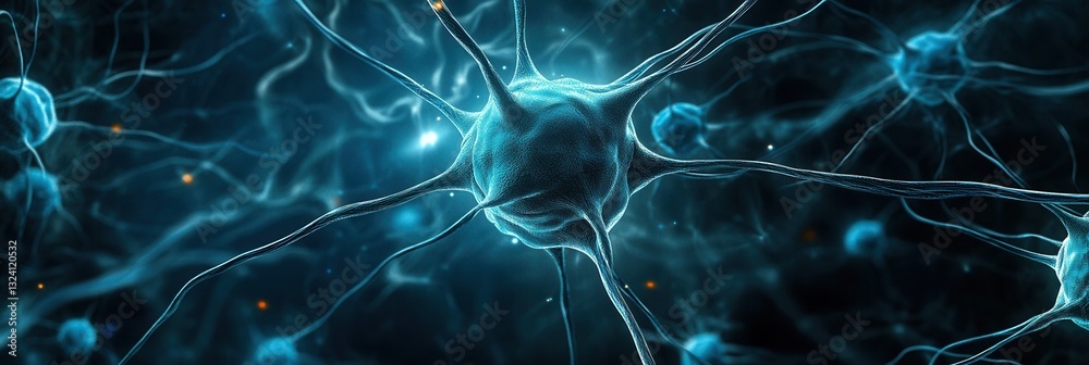 Poster Futuristic neural network patterns in deep blue and cyan with cybernetic design elements for innovative technology concepts