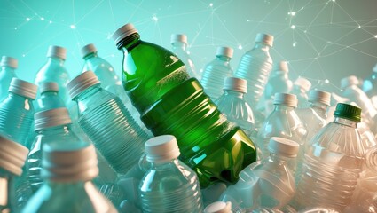 Plastic bottles dispersed on a light background. Various plastic bottles emphasize recycling. Bottles underscore plastic waste and recycling.