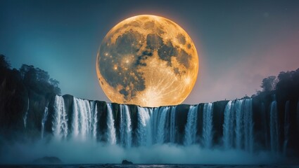 Orange moon positioned over a large waterfall.