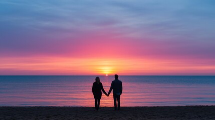 Fototapeta premium A couple holding hands on the beach during a vibrant sunset, with colorful skies reflecting over calm waters.
