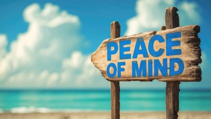 Wooden sign saying Peace of Mind with a scenic background