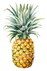 Fototapeta premium Vibrant Watercolor Illustration of Ripe Pineapple with Lush Green Leaves on Black Background