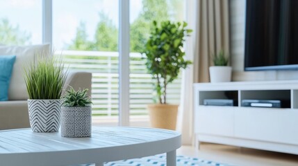 Naklejka premium Modern living room with plants and natural light.