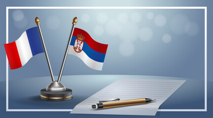 France and Serbia National flags on small table with bokeh background, cooperative relationship. Template vector Illustration