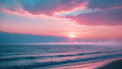 Obraz premium serene coastal sunset featuring pink skies and blue sunbeams
