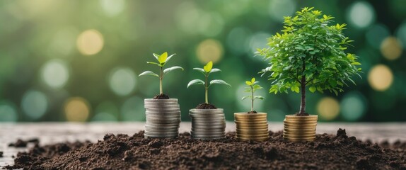 Growing and nurturing trees on stacks of coins along with a blurred background represents the concept of financial and economic growth.