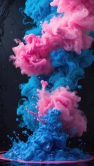 Fototapeta premium Paint ink drop in water, motion color explosion smoke, blue pink color fluid splash vapor cloud on a black abstract art background.