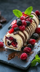Indulge in a Decadent Berry Ice Cream Roll Cake: A Symphony of Flavors with Fresh Raspberries, Strawberries, Blackberries, Chocolate Drizzle, and Mint Garnish.