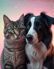 Obraz premium Portrait of a tabby cat and a border collie sheepdog gazing at the camera against a pastel pink background.