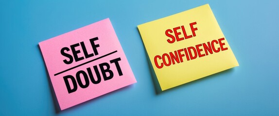 Pink and yellow notes featuring the words SELF DOUBT and SELF CONFIDENCE, representing the idea of overcoming self-doubt and restoring self-confidence.
