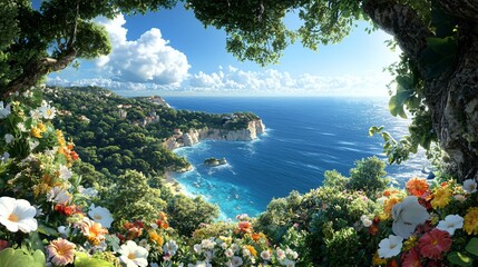 Scenic Coastal View with Vibrant Flowers and Lush Greenery under a Bright Blue Sky