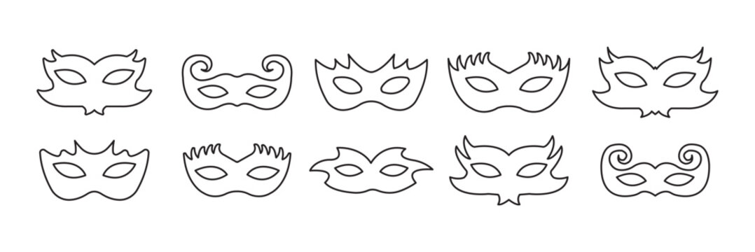 Mask superhero carnival villain or burgar vector icon set. Black masquerade costume eye mask silhouette hidden person face. Simple design incognito party masque shape template illustration.