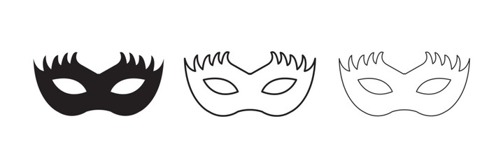 Mask superhero carnival villain or burgar vector icon set. Black masquerade costume eye mask silhouette hidden person face. Simple design incognito party masque shape template illustration.