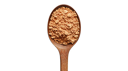 Png of Close-up of a wooden spoon filled with fine brown spice powder on transparent background.