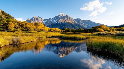 Tranquil Mountain Lake Reflection in Autumn with Vibrant Trees and Majestic Snow-Capped Peaks