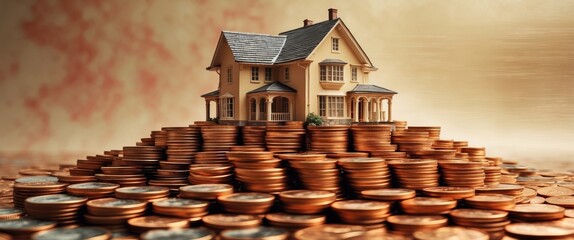 Pile of coins representing money savings with a trend decrease, featuring a house model for the concept of refinancing a mortgage home loan.