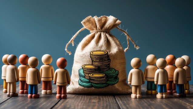 People assemble around a money bag. Financial support. Crowdfunding and fundraising. Social politics. Loans and deposits. Salaries and pensions. Social payments. Community budget organization.