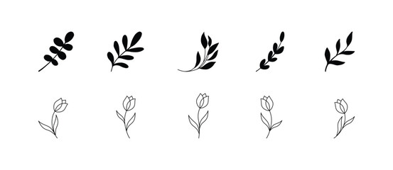 Simple summer, spring branches with leaves. Botanical elements. Floral branch set. Minimalist black silhouette. Flower logo design element. Elegant twig decoration set. Plant icons. Hand drawn black l