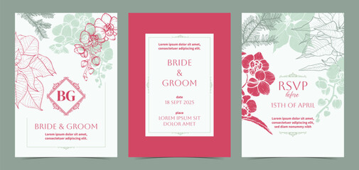 Colorful pastel beautiful wedding invitations. Modern and joyful A4 vector format design with highly detailed flowers for print and web. Hand drawn poinsettia, pine, orchid illustrations