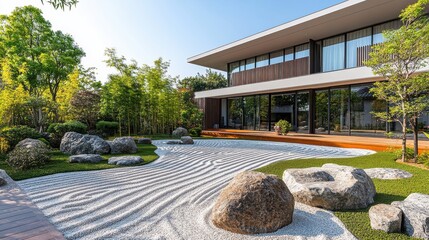 Obraz premium A modern house with large windows overlooks a serene garden featuring raked gravel, rocks, and lush greenery, blending nature with contemporary architecture.