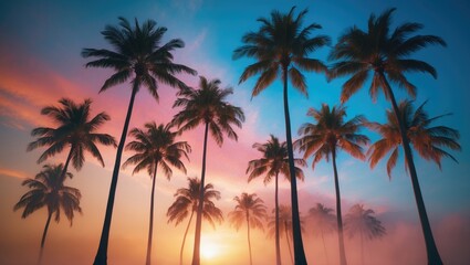 Palm trees during sunset with a blue sky and golden hues.
