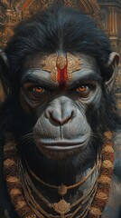 Majestic depiction of a powerful, divine monkey-like figure surrounded by intricate golden ornaments and rich textures