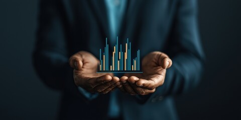 Business and corporate expansion. A person holds a digital graph symbolizing growth and success in a business context.