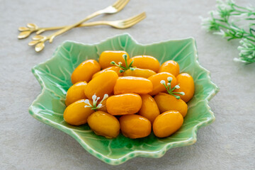 Mung bean marzipan and egg yolk (Med khanoon), Thai dessert .