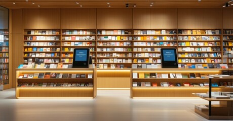 Modern bookstore with print on demand kiosk warm neutral lighting symbolizing reducing book waste and mindful publishing