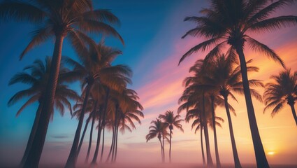 Fototapeta premium Palm trees under a golden sunset against a blue sky.