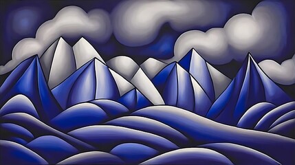 Obraz premium Blue Mountainscape, Cloudy Night, Artistic Illustration