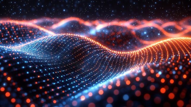 Patterns of light and color form dynamic waves representing quantum phenomena.