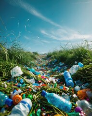 Fototapeta premium Plastic waste is scattered all over nature's grass.