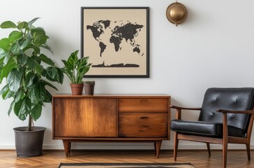 Stylish Living Room Interior with Vintage Wooden Cabinet, Plants and World Map