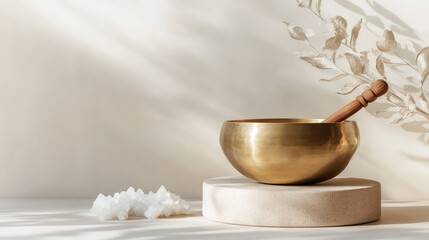 Brass singing bowl with wooden striker and clear quartz crystals on a textured surface, bathed in warm sunlight with soft shadows, creating a calming meditation space for mindfulness, spiritual