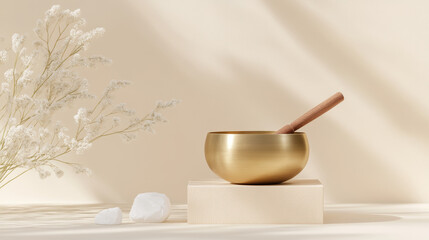 Brass singing bowl with wooden striker and clear quartz crystals on a textured surface, bathed in warm sunlight with soft shadows, creating a calming meditation space for mindfulness, spiritual