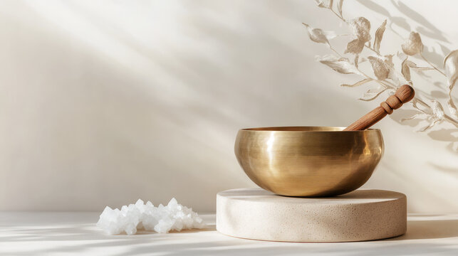 Brass singing bowl with wooden striker and clear quartz crystals on a textured surface, bathed in warm sunlight with soft shadows, creating a calming meditation space for mindfulness, spiritual