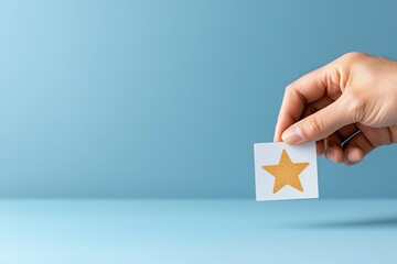 Hand holding a star sticker against a soft blue background.