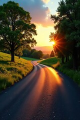 Fototapeta premium Long shadow asphalt road winding through idyllic spring landscape at dusk , path, dusk, panorama