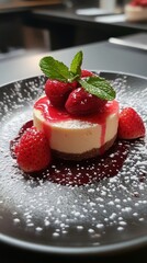 Exquisite Strawberry Cheesecake: A Culinary Delight with Fresh Berries, Mint, and Delicate Icing, Perfect for Gourmet Indulgence and Sweet Moments.