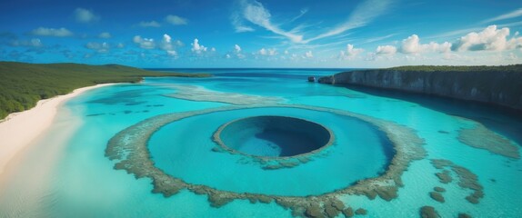 Panoramic aerial perspective of the blue hole featuring the connecting lagoon and stunning beach with turquoise sea.
