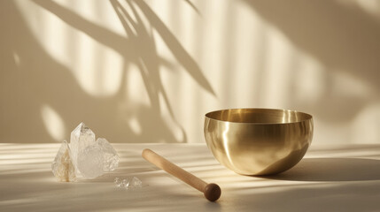 Brass singing bowl with wooden striker and clear quartz crystals on a textured surface, bathed in warm sunlight with soft shadows, creating a calming meditation space for mindfulness, spiritual