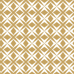 Abstract geometric pattern with squares, crosses, stripes, lines. Seamless vector background. White and gold ornament. Modern reticulated graphic design.