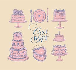 Cake one and two tier collection drawing in vintage style with pink and blue on beige background