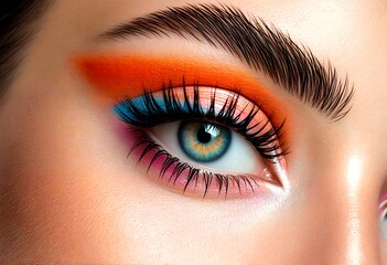 Fototapeta premium A close-up photograph of an eye with bright orange and blue eyeshadow.