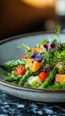 Exquisite Asparagus Salad: A Culinary Still Life with Edible Flowers, Fresh Greens, and Vibrant Vegetables, Perfect for Healthy Eating and Gourmet Restaurant Menus.
